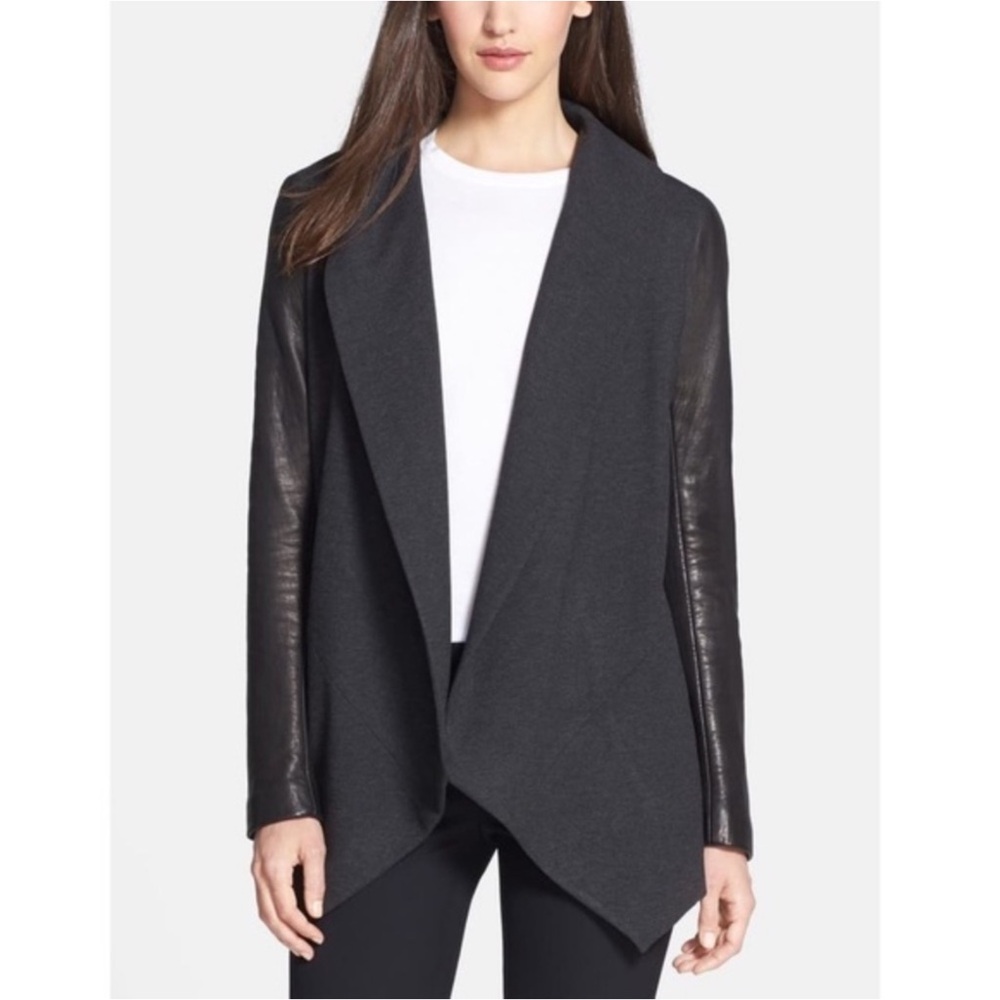 THEORY Laura Classical Lamb Leather Sleeve Blazer Jacket Women M Gray/Black Open